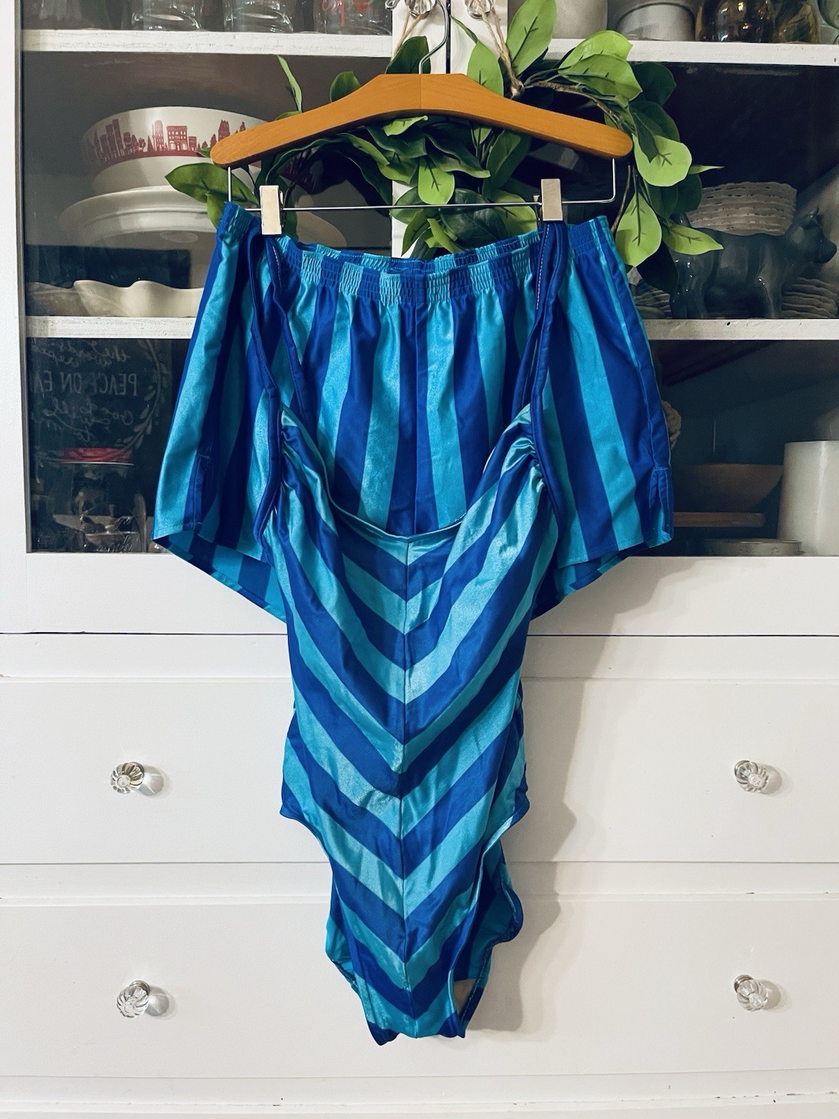 Vintage Lands&rsquo; End Chevron 80s Swimsuit Shorts Set Aqua Blue Striped M 10 12