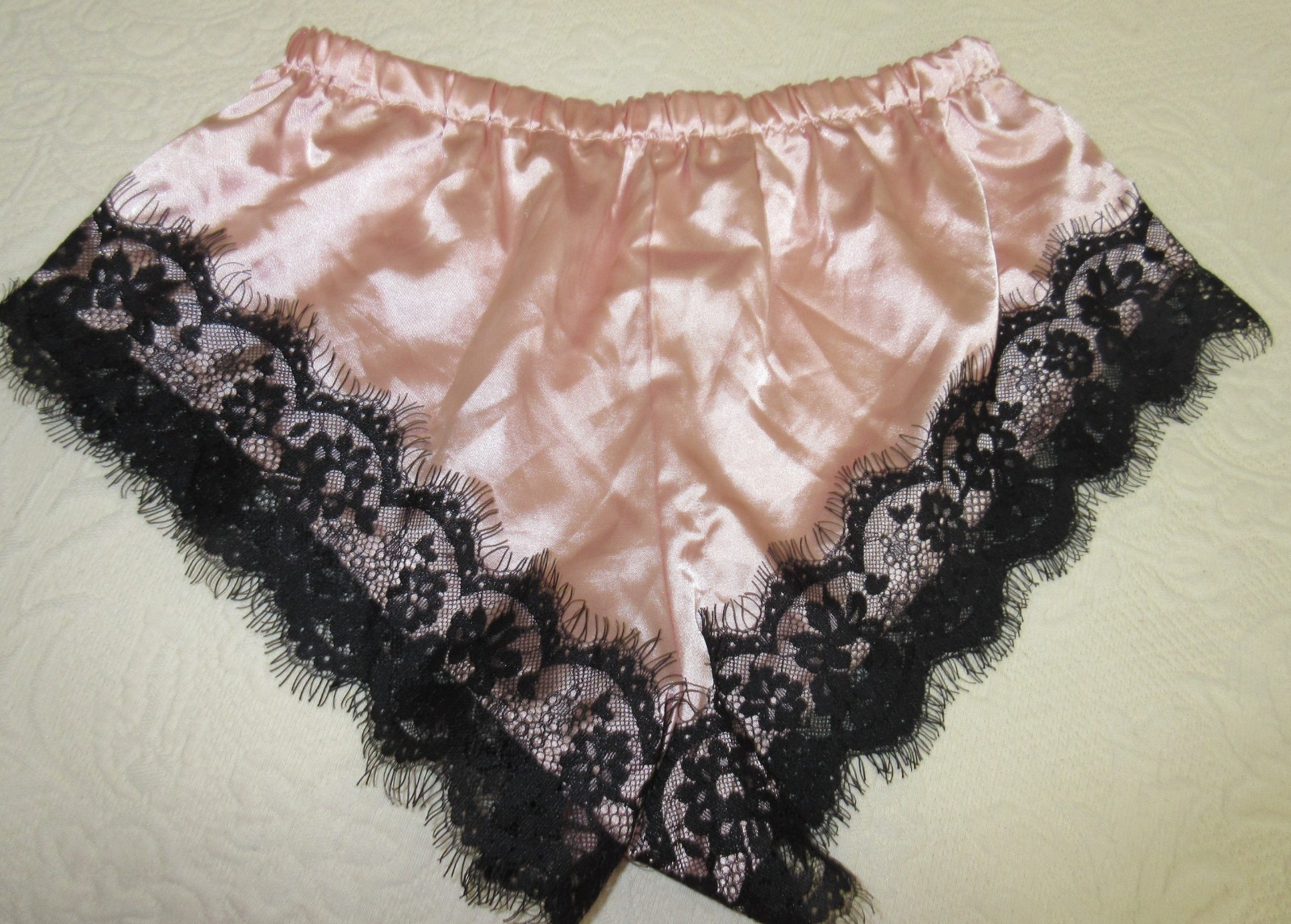BLACK LACE PINK SATIN SEXY hi wide tap panty sleep shorts slippery poly sz S