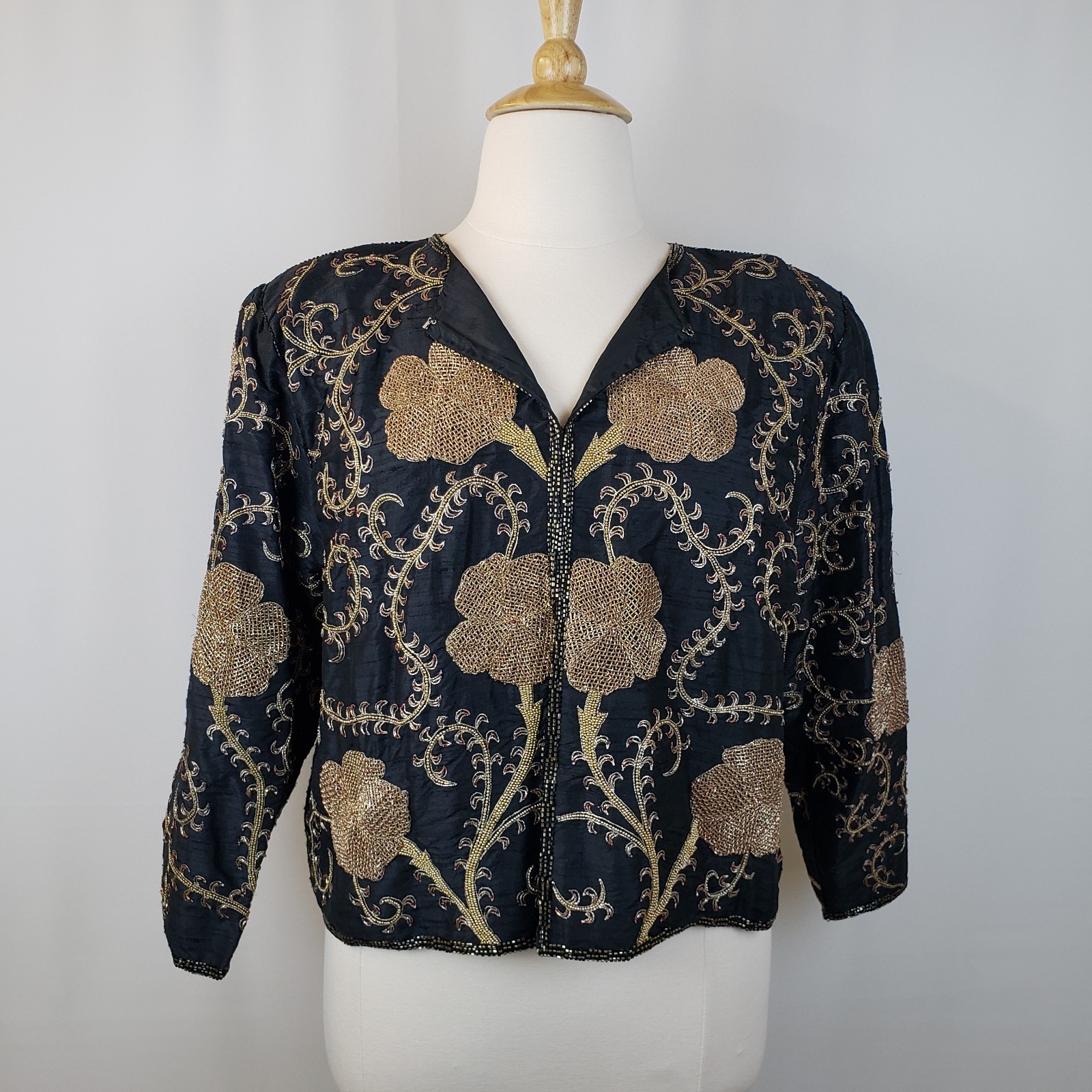 Vintage Starlight Evening Jacket XXL Black Silk Gold Beading Embroidery Handmade