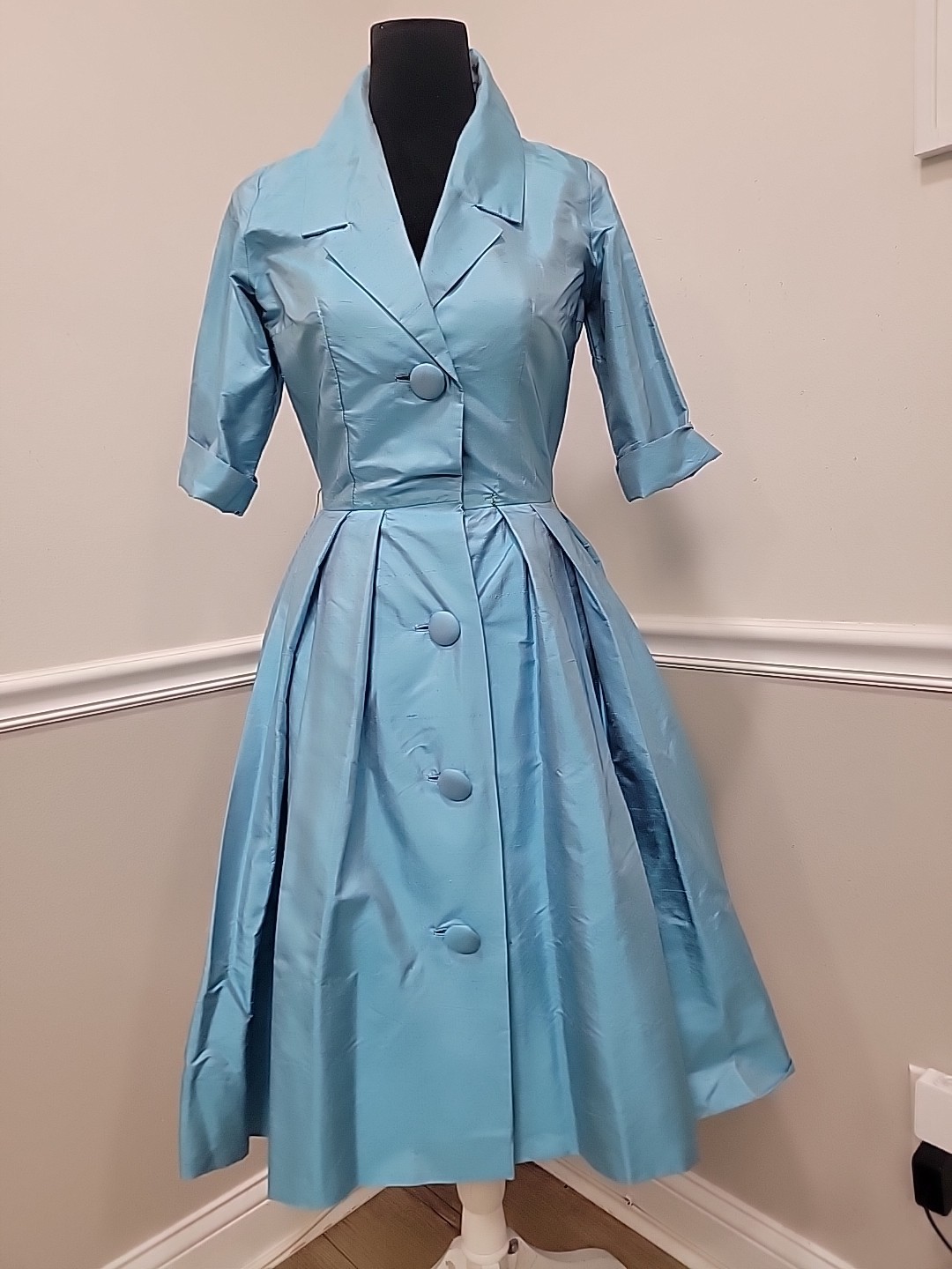 Rare VTG 50s Marie Leavell Aqua Blue Silk Shirt Dress Mid Century Boutique/Pleat