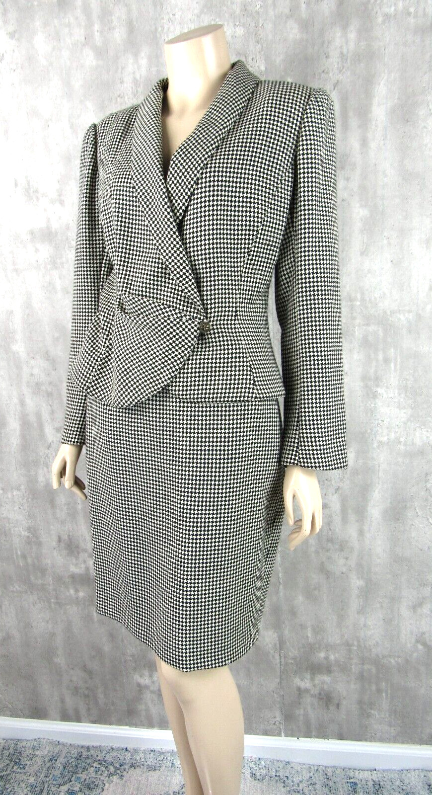 Vintage 80s Ungaro Parallele Italy Black White Check Wool 2pc Skirt Suit Size 8