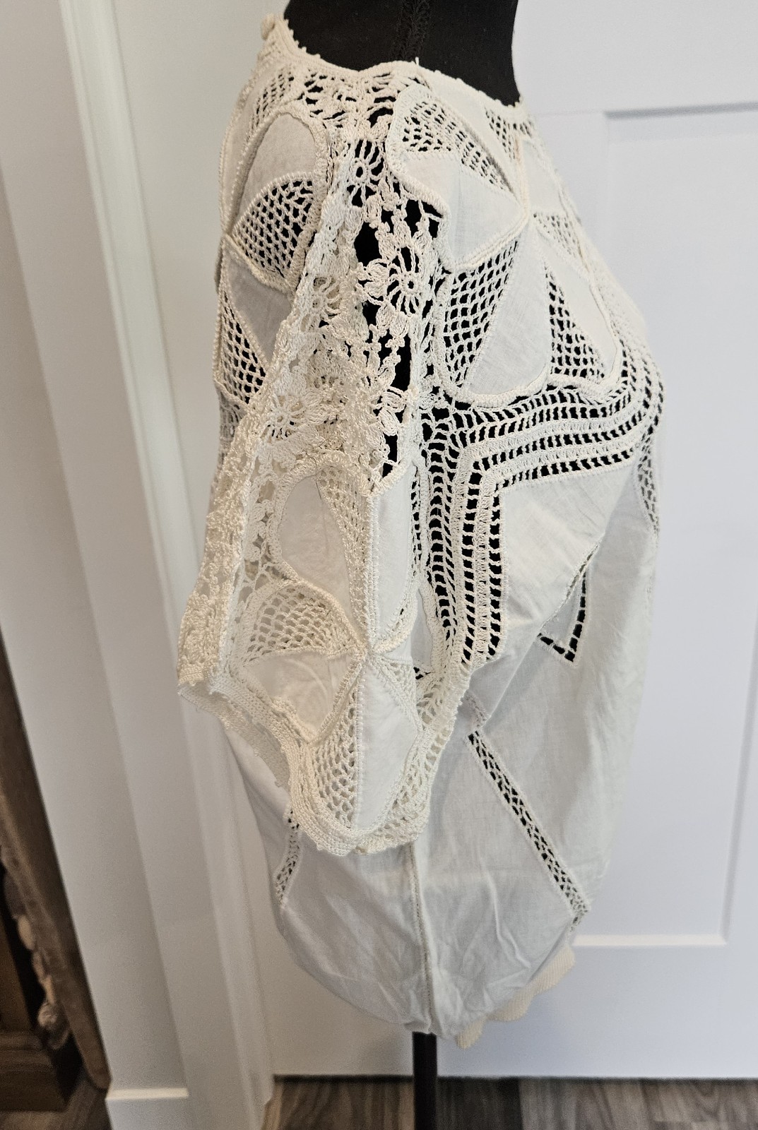 VTG NOS Hand Made BANDO Crochet Lace 100% Cotton Linen Tunic Large Women&rsquo;s Top