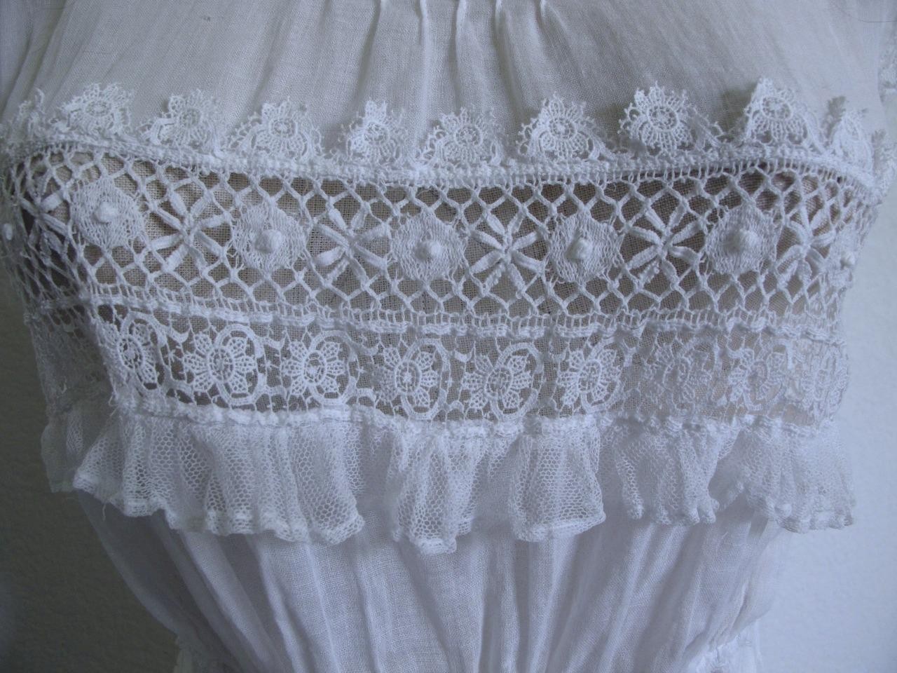 Antique Victorian Edwardian White Sheer Voile Dress XXXS Lace Trim Pintucks
