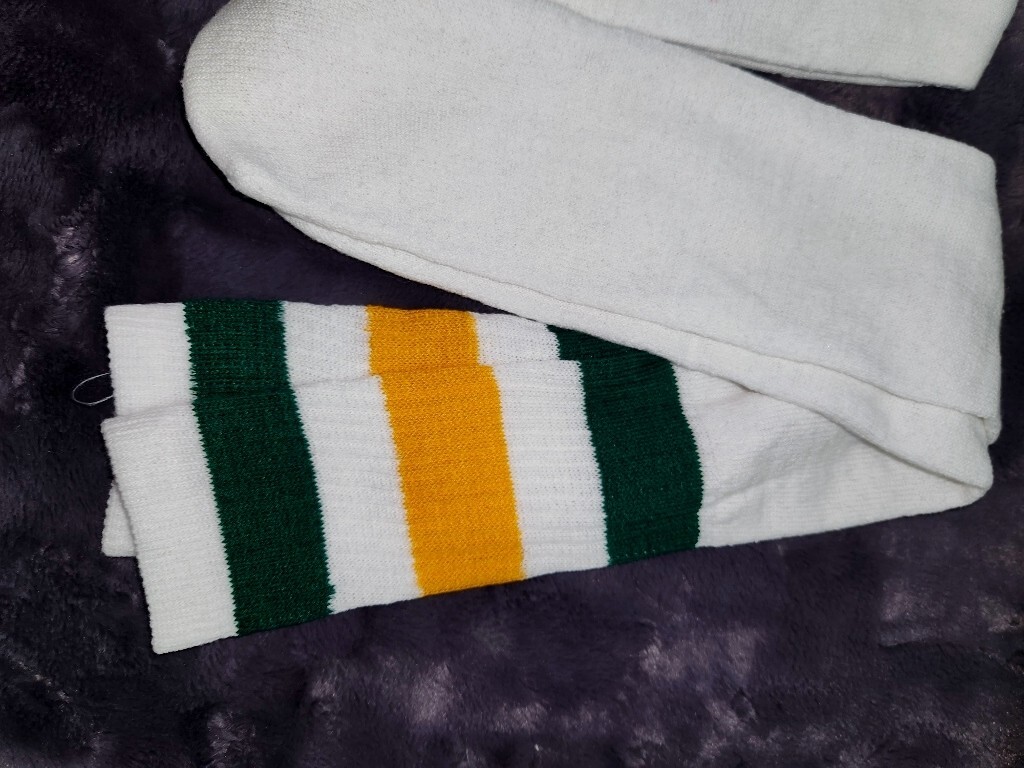 VTG 80&rsquo;s 2 Thick Stripe Tube Socks 23&Prime; long Standard Size Green Yellow White NOS