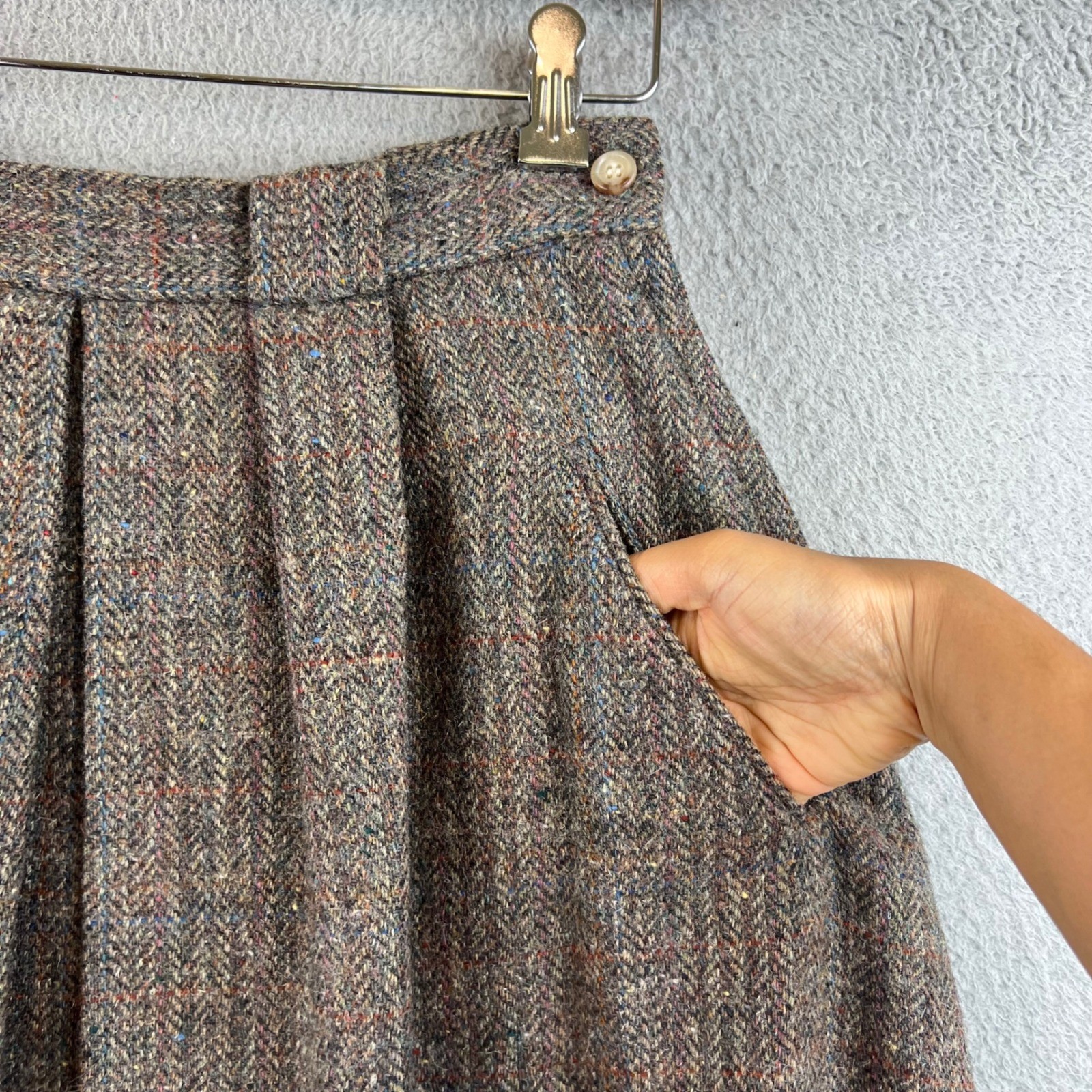 Vintage Brown Herringbone Tweed Wool Maxi Skirt Pleated High Waist Pockets 10