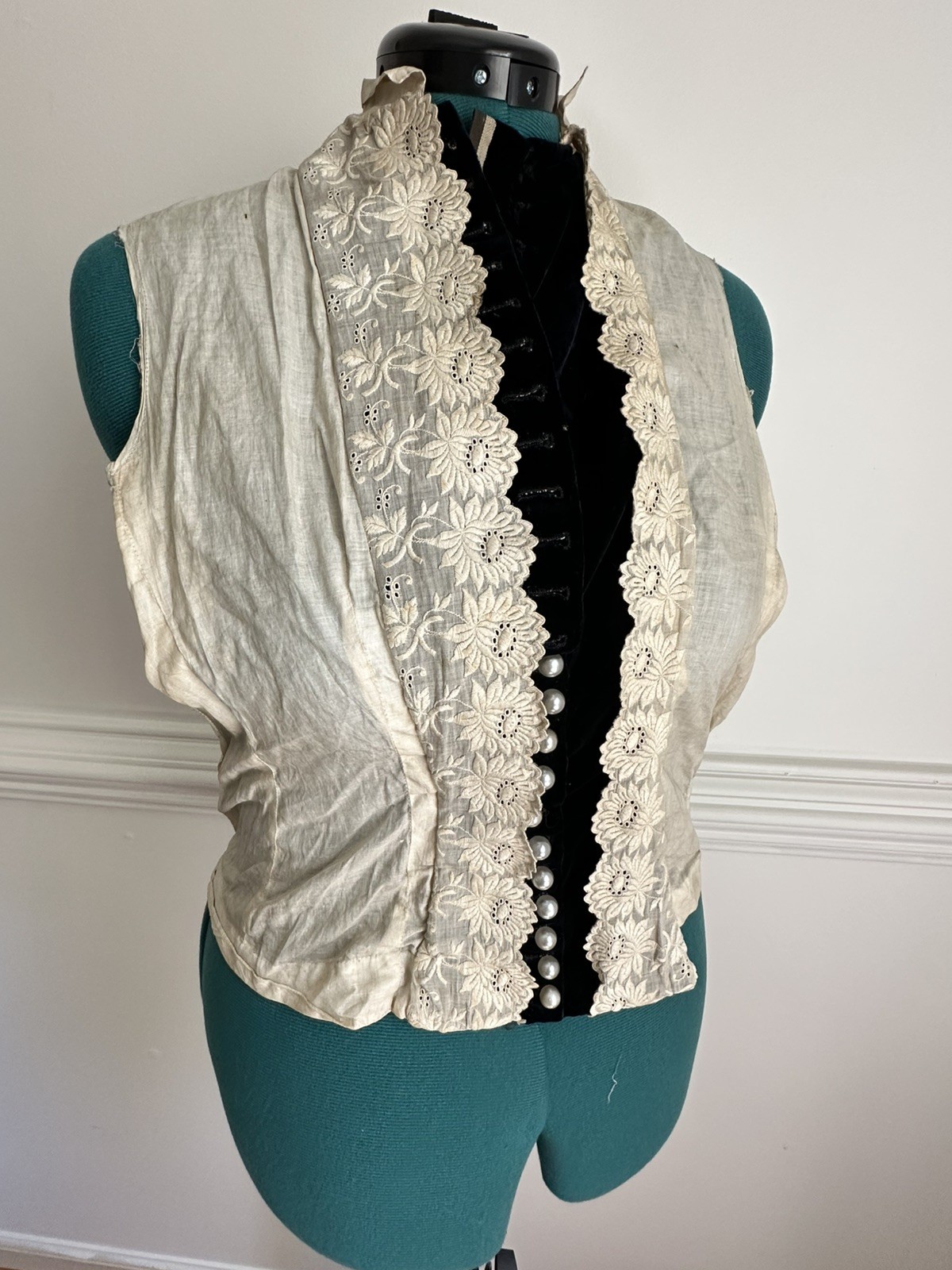 Antique Edwardian Victorian Under Bodice Dickie Lace Vest Black Velvet Pearl
