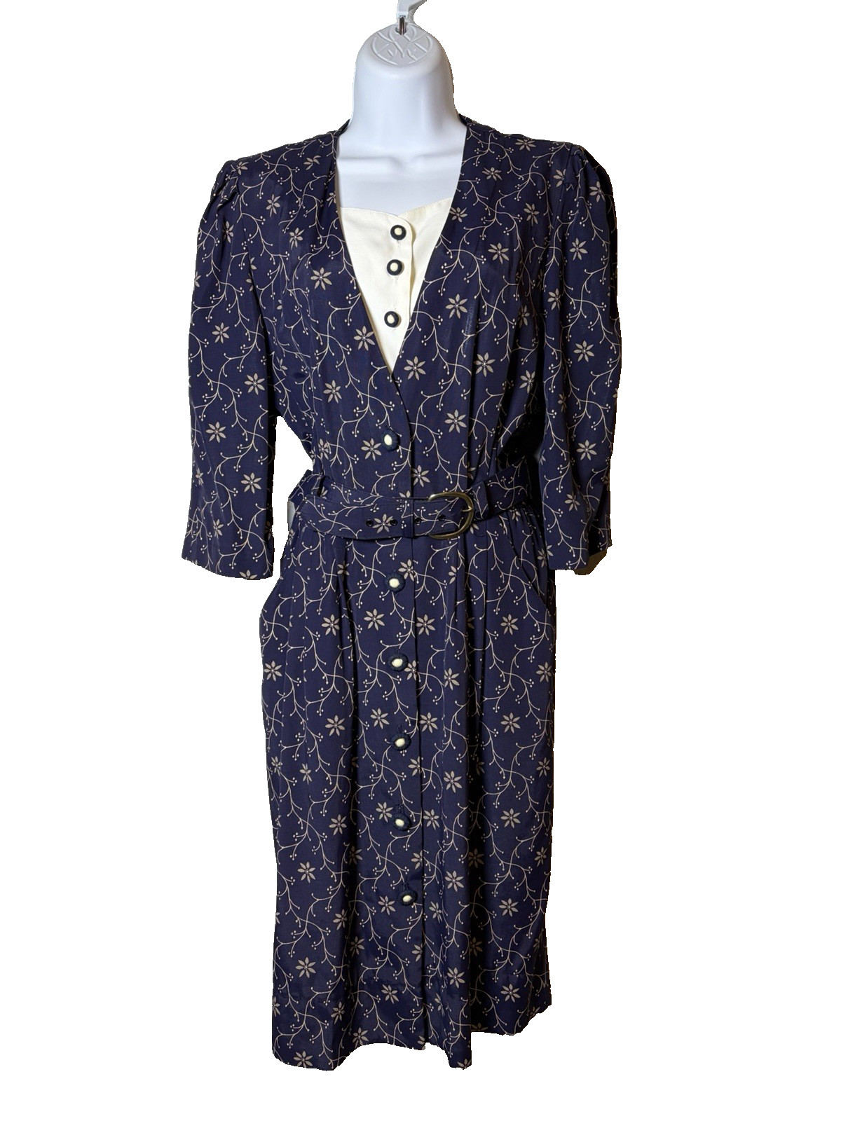 Vtg 80s Does 40s Peri Petites Navy Shirt Dress~8P~Belt 3/4 Puff Slvs Secretary