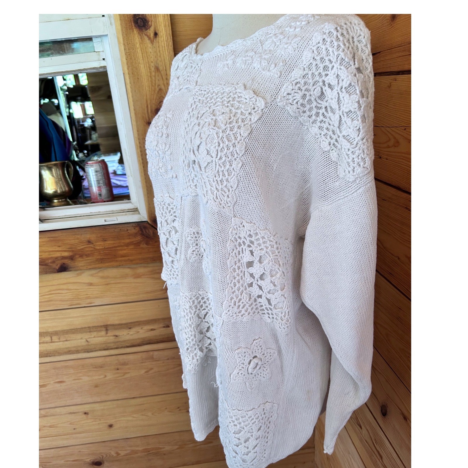 Vintage White Crochet Lace Patchwork Knit Sweater Womens Large Ramie Cotton 90&rsquo;s