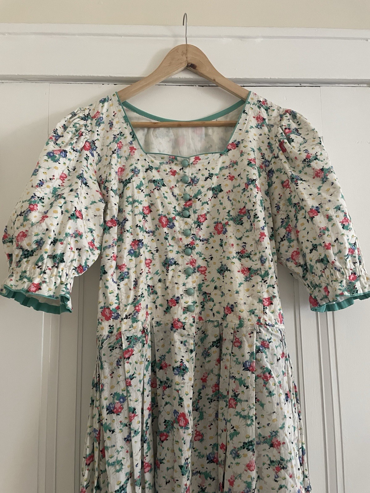 Vintage Floral Square Neck Balloon Short Sleeve Midi Homemade Day Dress S/M