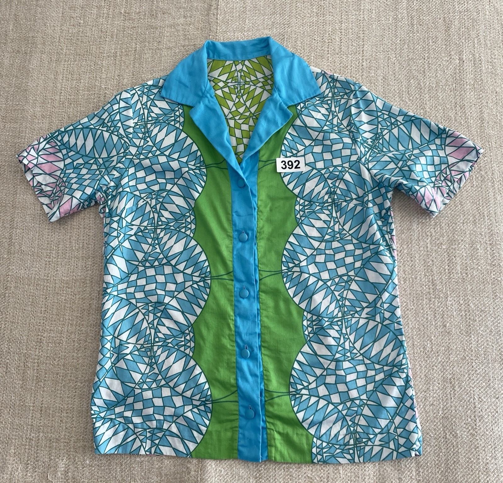 Vintage Short Sleeve Button Down Shirt Geometric Pattern Cotton