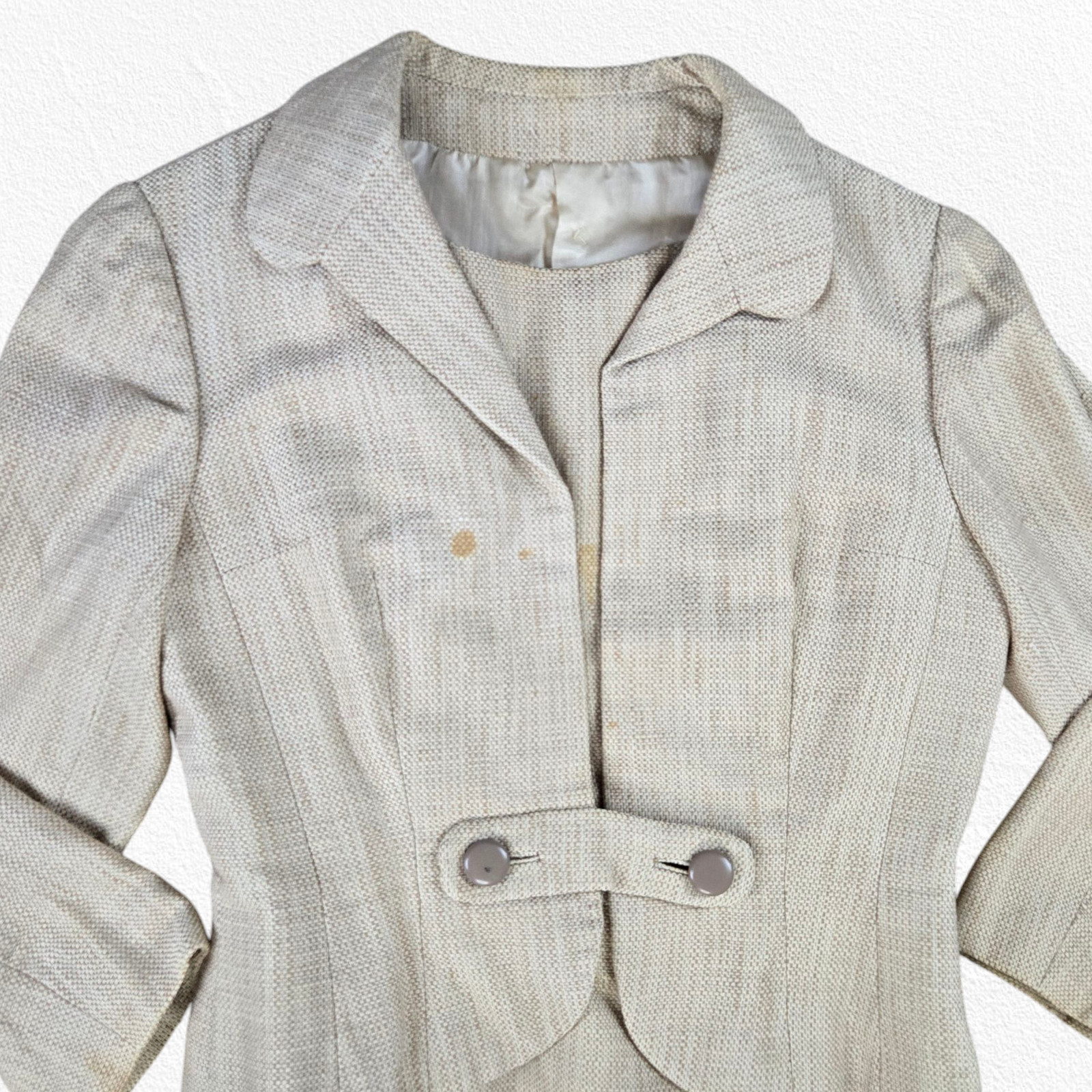 50s Vintage Adele Simpson Beige Tweed Blazer Sheath Classic Dress Set Size 2