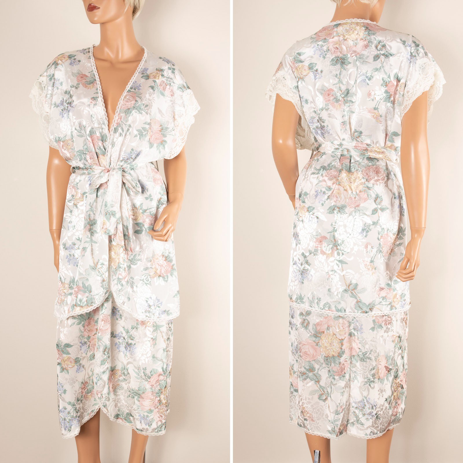 VTG LUCIE ANN ll White Floral 2 PC Damask Satin SMALL Nightgown/Jacket Set NWT