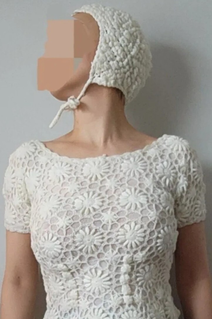 Vtg 60&rsquo;s Women&rsquo;s All Wool Spain White Crochet Knit Top & Bonnet! Size L