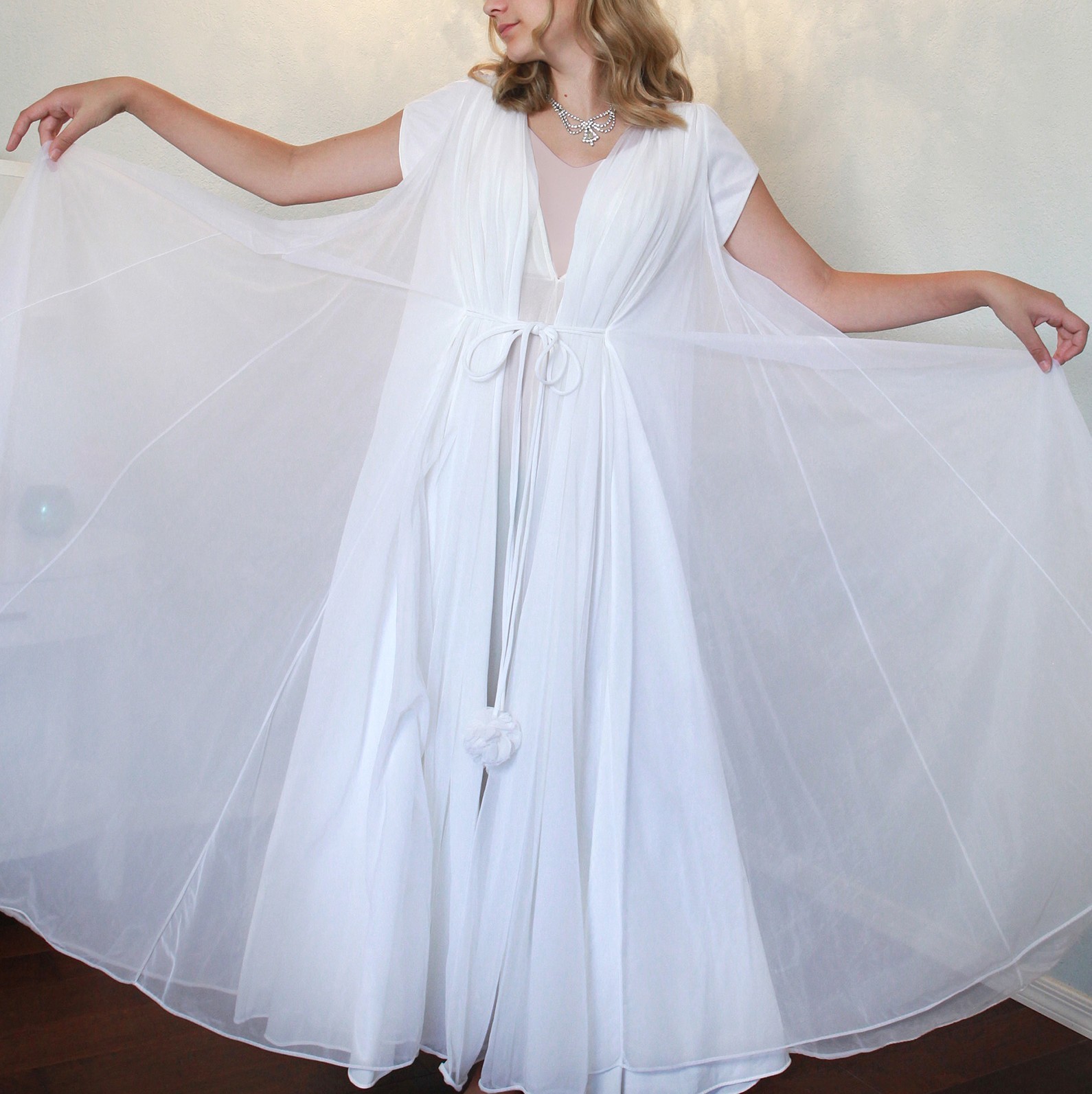60s Lucie Ann Peignoir Set Claire Sandra White Pom Pom Robe Nightgown Bride S-M