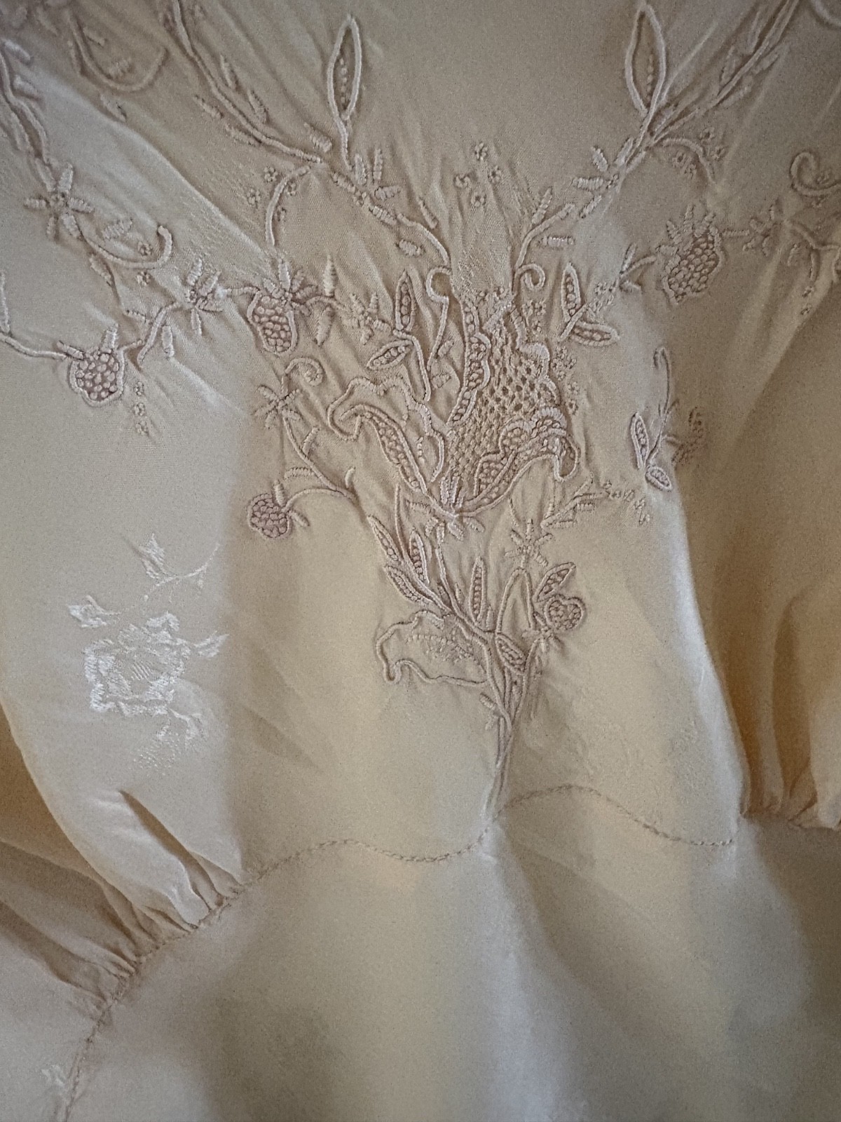 1930s Hand Made Embossed and Embroidered Silk Lace Art Deco Nightgown