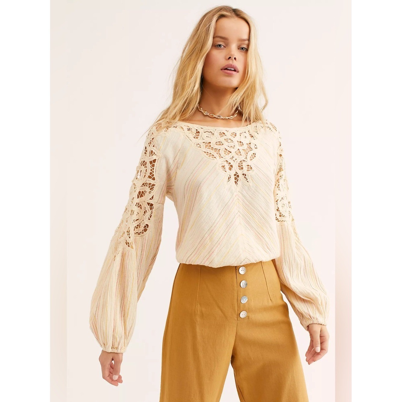 Free People Floating Memories Blouse Retro Crochet Lace Ivory size L Boho
