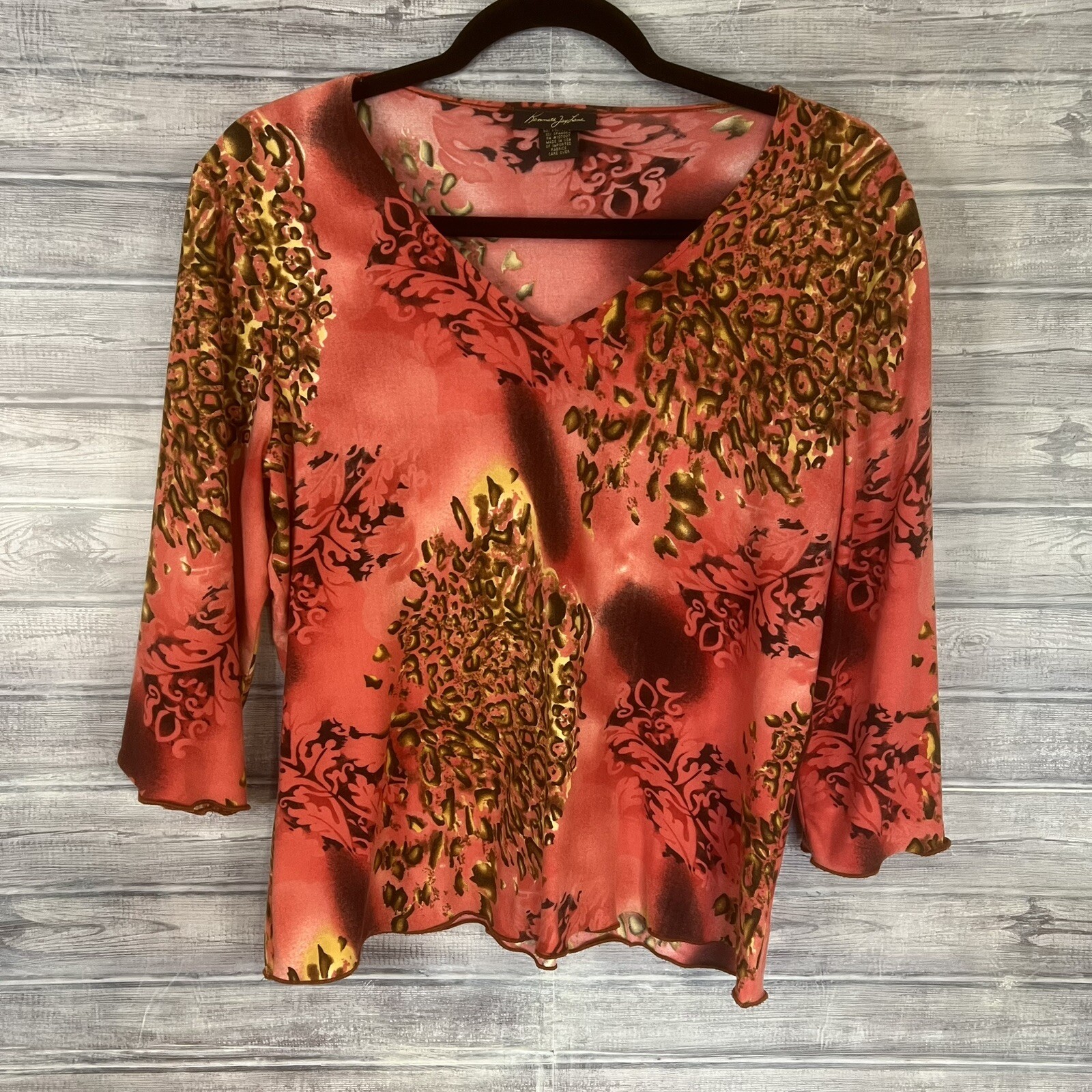 Vintage 70s Kenneth Jay Lane Size L Large Blouse Orange Red Cheetah Women