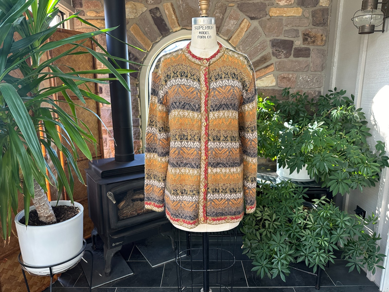 Vintage Multi Color Khaki Alpaca Cardigan Sweater Handmade Peruvian