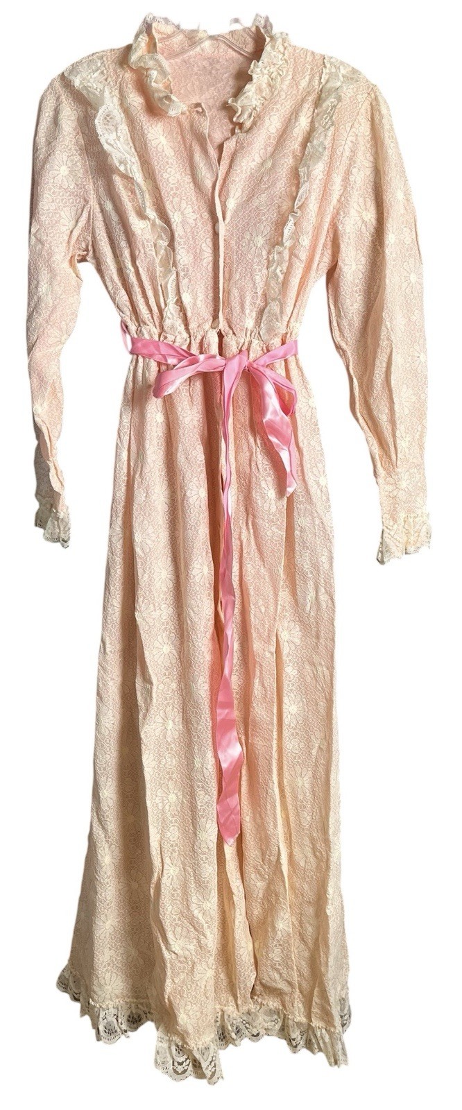 Vtg 60’s-80’s Lace Overlay Pink Button Front Ribbon Waist Gown Movie Star Inc