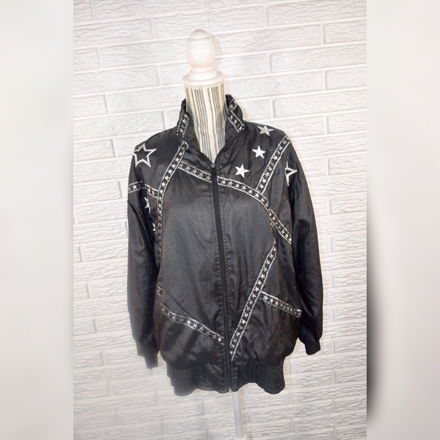 Vintage Lavon By Cheerful Corp Lightweight Black Jacket Silver Star Pattern Sz M