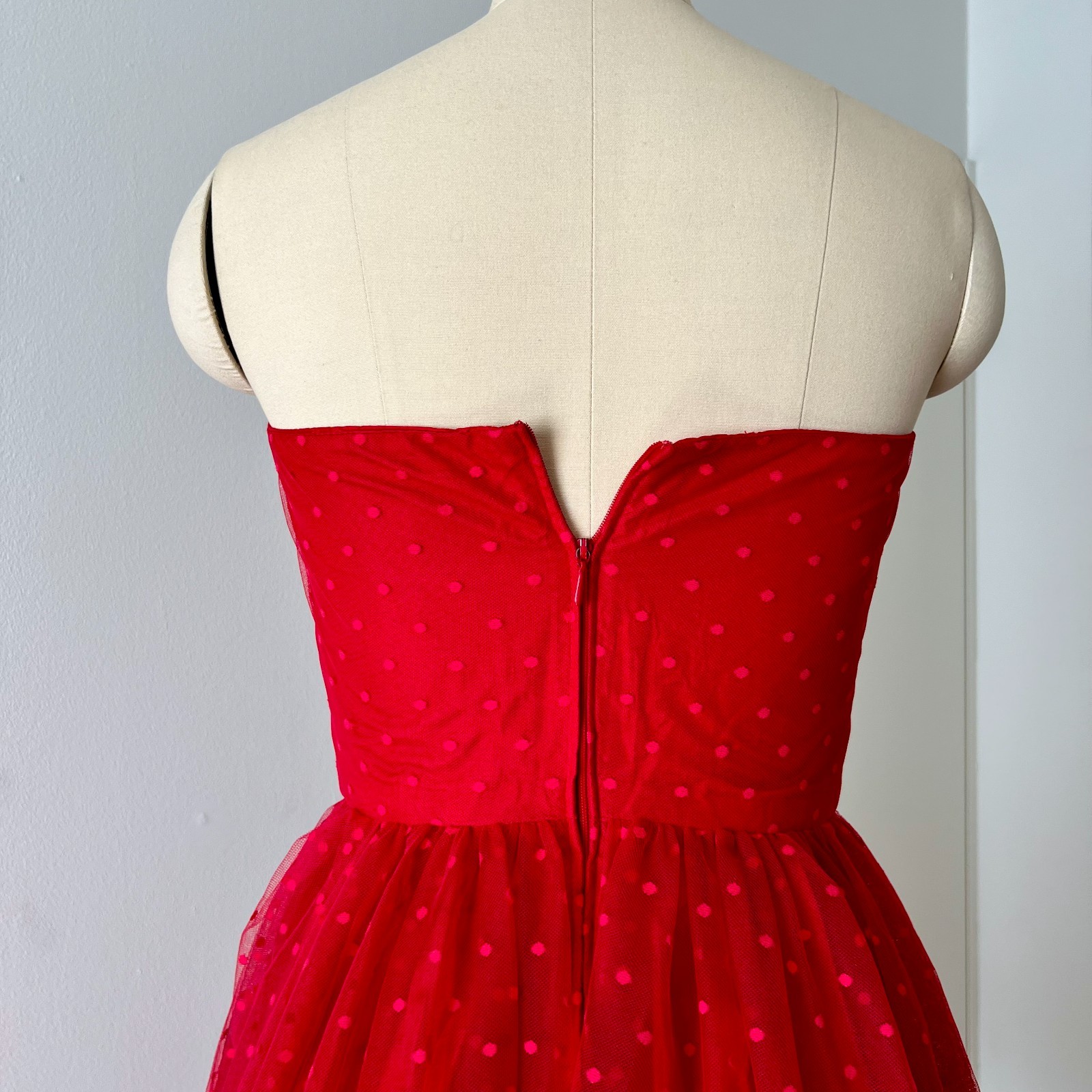 1980s VERA Mont Red Strapless Party Dress Polka Dot Tiered Midi Cocktail Prom