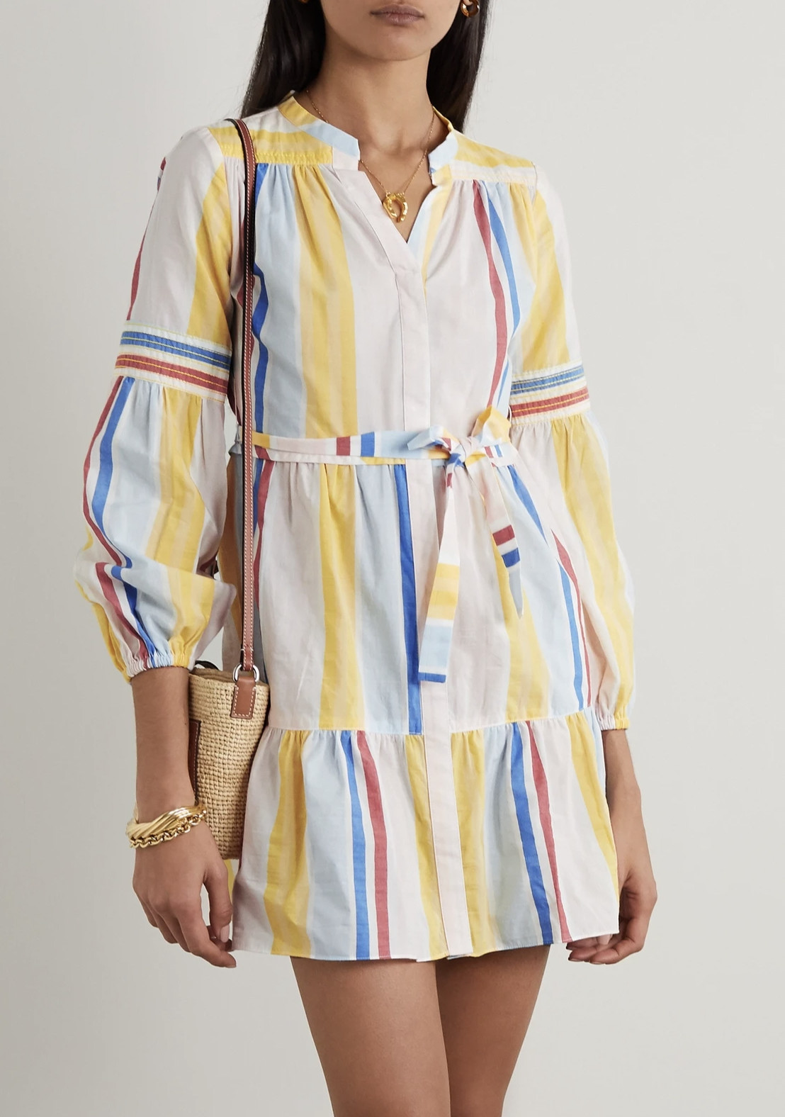 LEMLEM Jima Belted Tiered Striped Woven Mini Dress Gown Mini Dress Tie Belt M