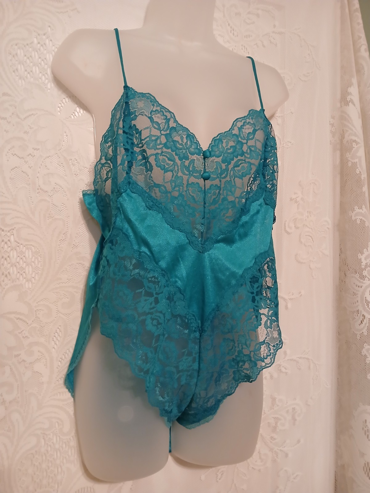 Vintage 80s Vassarette Teal Green Silky Satin Floral Lace Teddy Lingerie M EUC