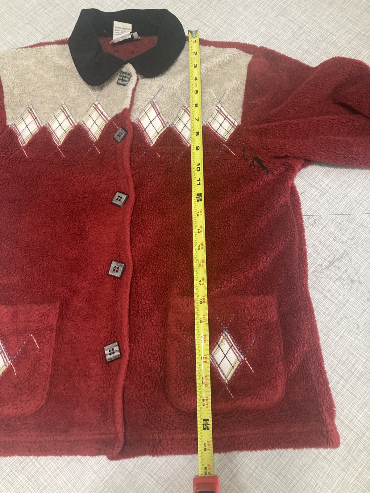 Vtg 1990s Teddi Red Argyle Fleece Jacket Women’s Small Button Up Cardigan GUC
