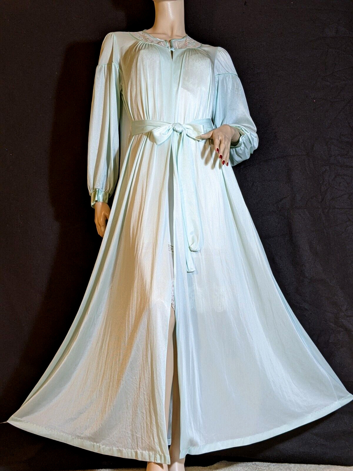 Vintage SEARS Shimmery Green Draped Back Dress Gown Peignoir Long Nylon Robe M