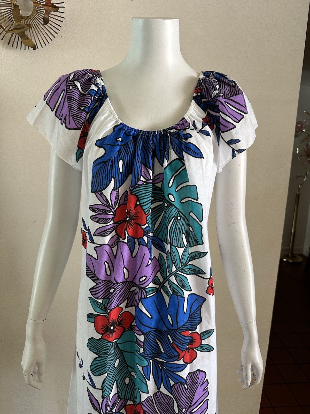 1980s Hilo Hattie Hawaiian Dress Monstera Floral Mumu Tropical Resort L 90s VTG