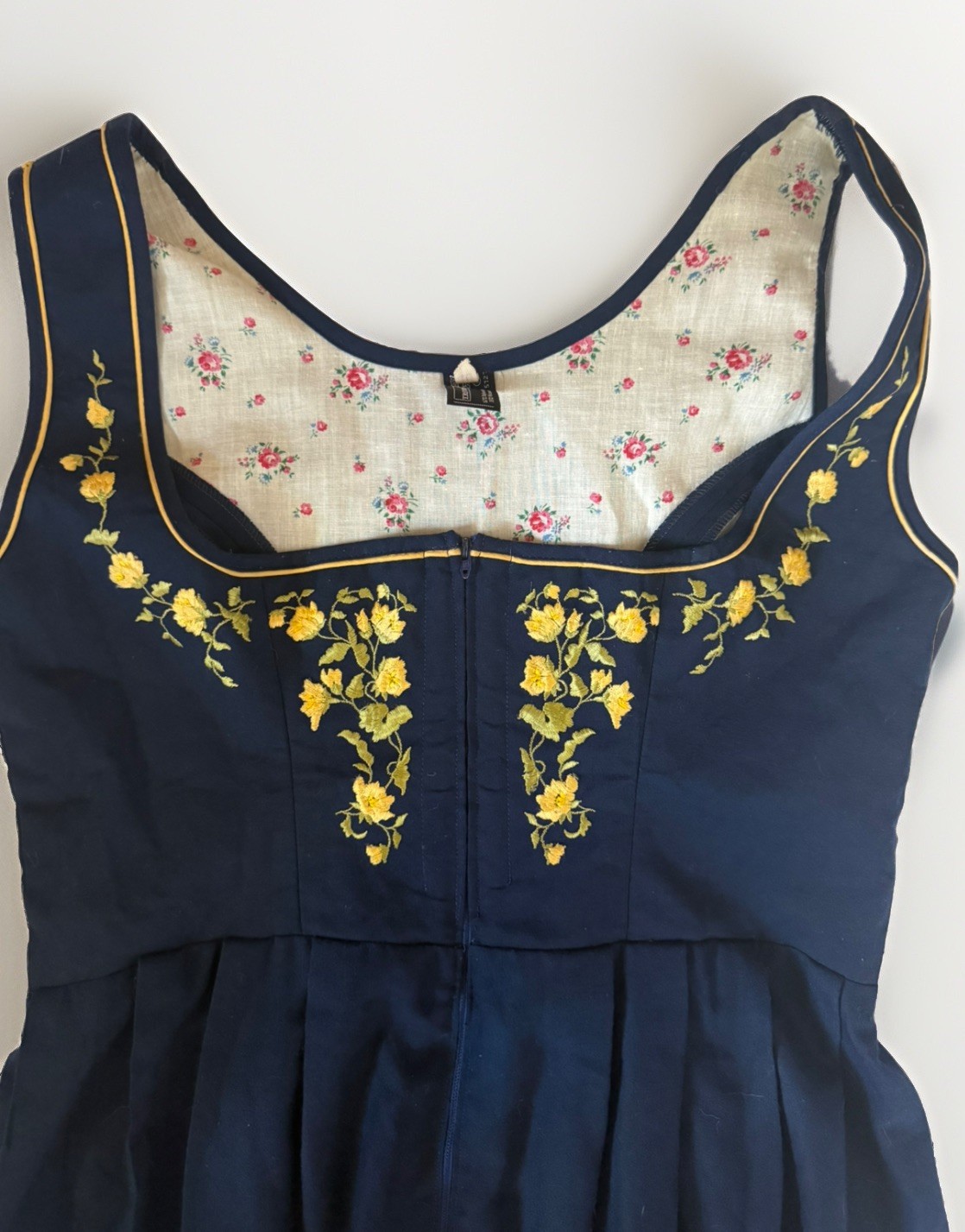 Corset Bodice Blue Dirndl Folk Dress Yellow Floral Embroidery Zipper Vintage