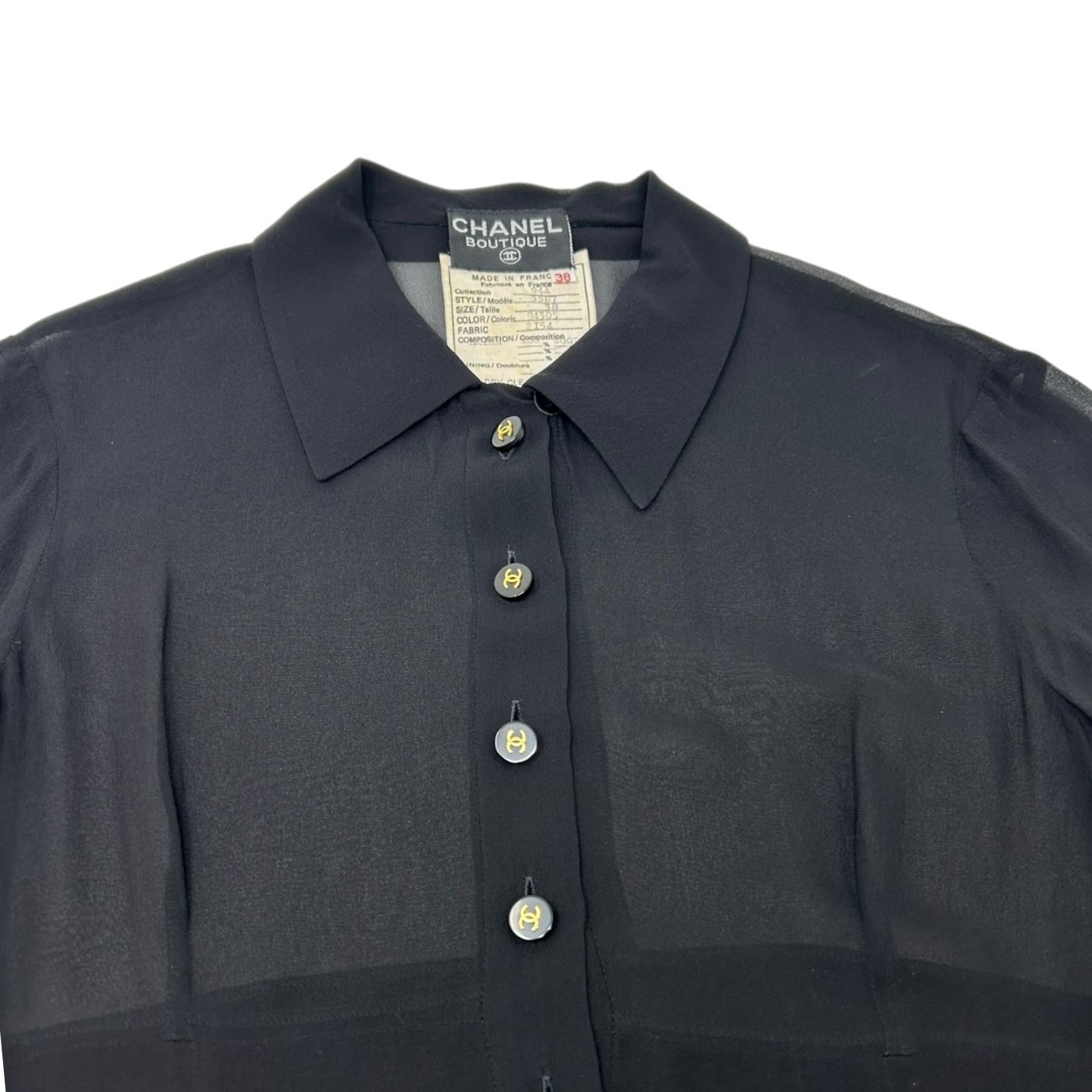 CHANEL Vintage 94A CC Logo See-through One-piece #38 Black Gold Wool Button