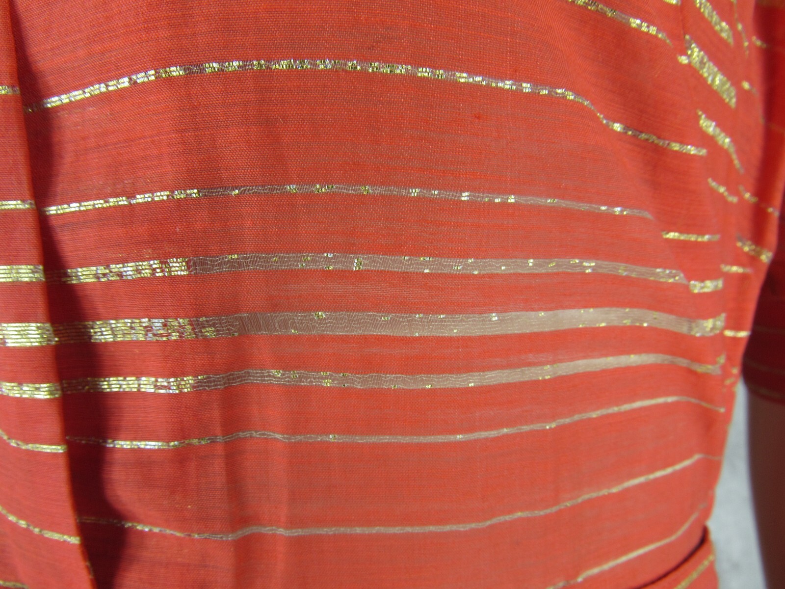 Vintage 50s Prestige Junior Orange Gold Metallic Stripe Lurex Belted Dress XS/S