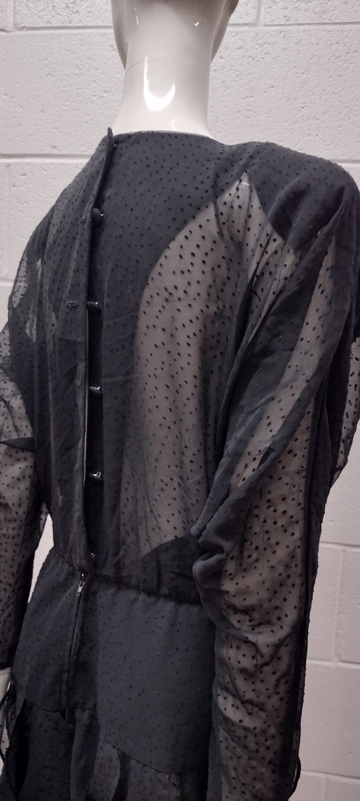 1980s Batwing Sheer Chiffon Dress Black Flapper Scallop 80s Dolman Sleeves M/L