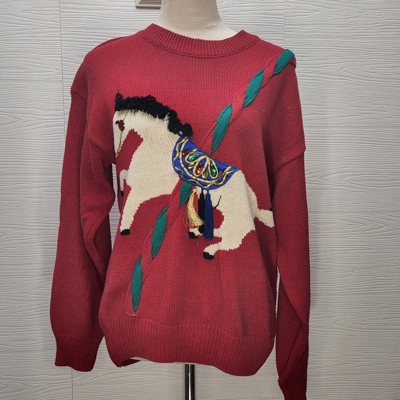 Vintage Jordache Studios Carousel Horse Crew Neck Sweater Sz M Red/Green Holiday