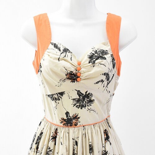 50s Vintage Cotton Fit N Flare Dress 2XS Beige Orange Black Sweetheart Floral