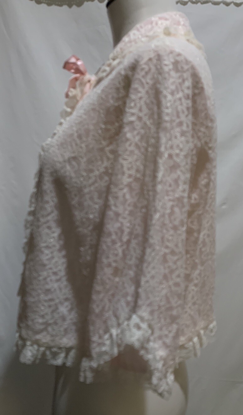 ❤️Vintage Bed Jacket M Pink Nylon Chiffon & Creamy Lace Mid Century 50s