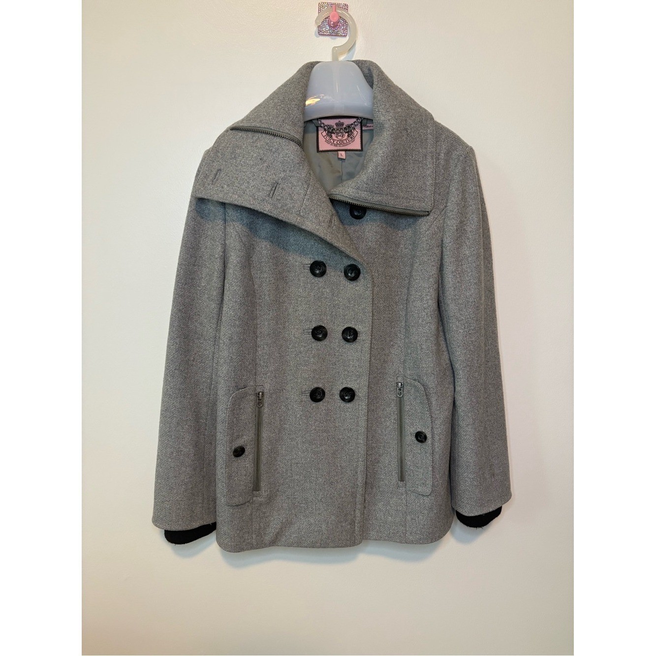 Vintage Juicy Couture Gray Double-Breasted Wool Blend Peacoat Prep Y2K Era