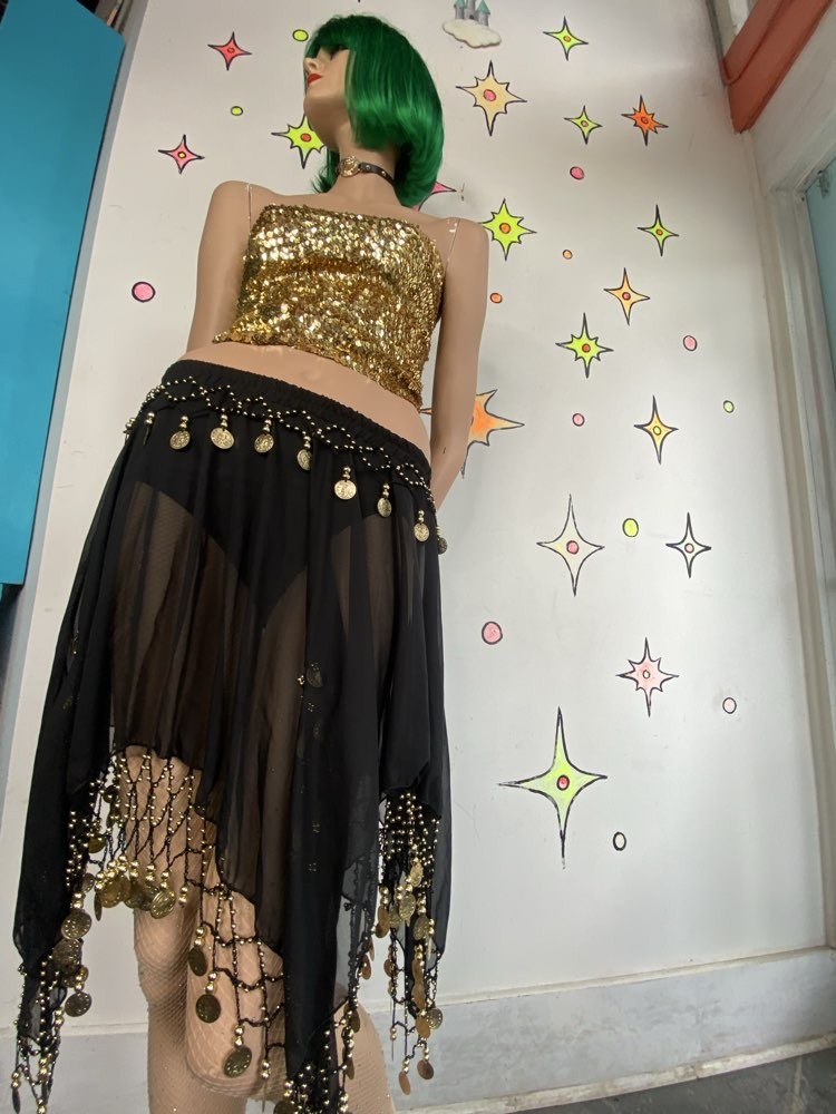 Black and Gold Asymmetrical Chainmail Skirt Coin Sheer Belly Dance S