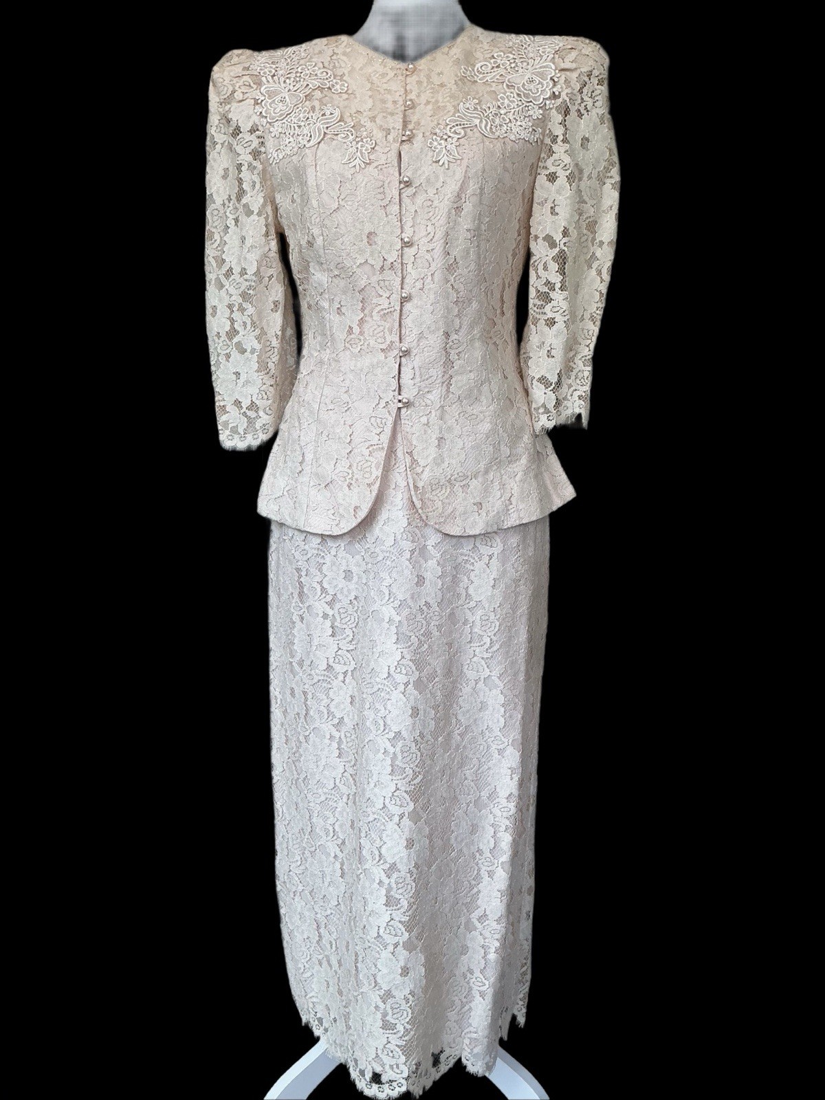 Vintage Blush Pink 2-Piece Lace Sequin Suit Dress Cachet By Bari Protas S/M