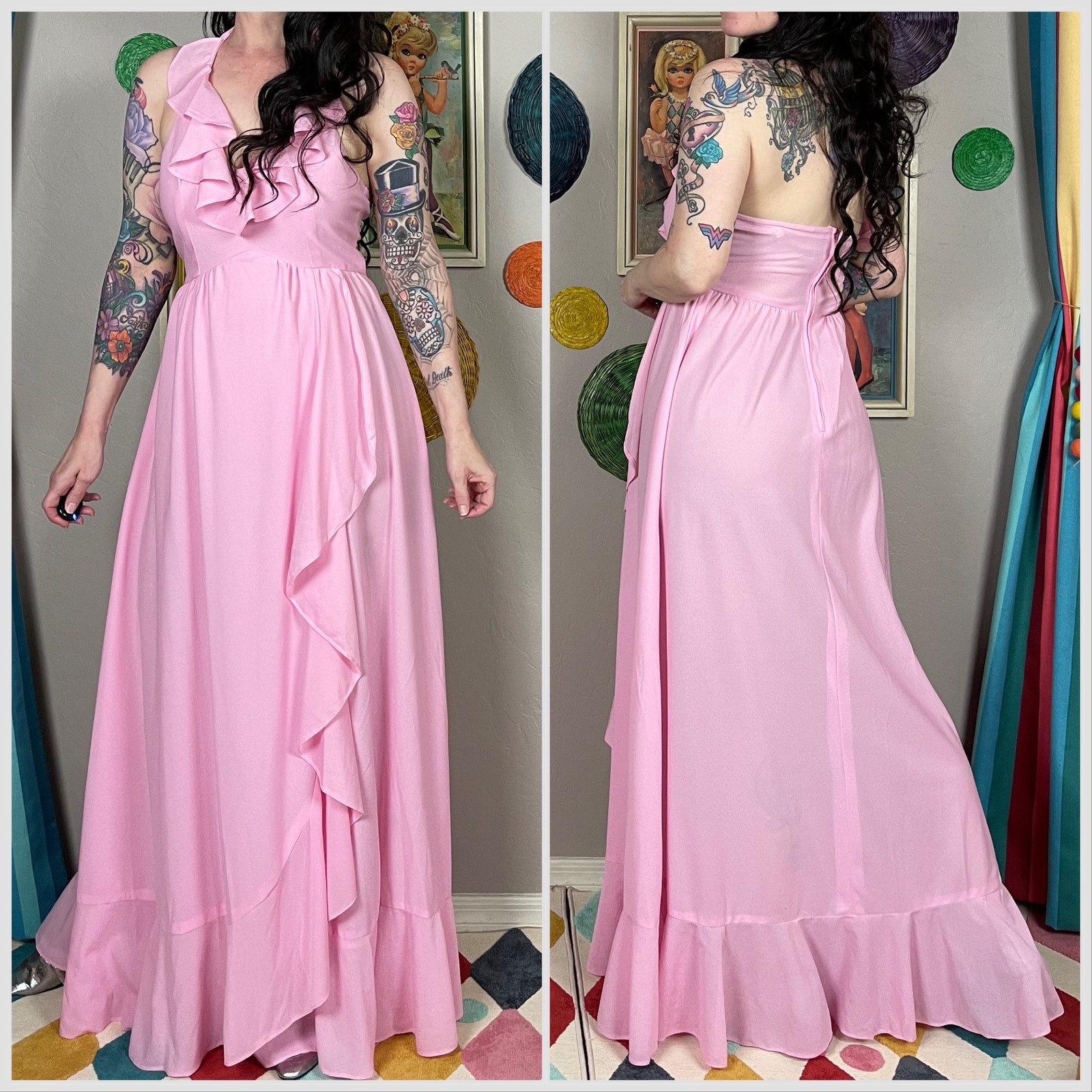 Vintage 1970s Bubblegum Pink Ruffled Halter Maxi Dress | XS/S – 26&Prime;-28&Prime; Waist