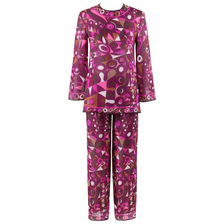 EMILIO PUCCI c.1960s 2pc Purple Multicolor Op Art Silk Blouse Pants Set Ensemble