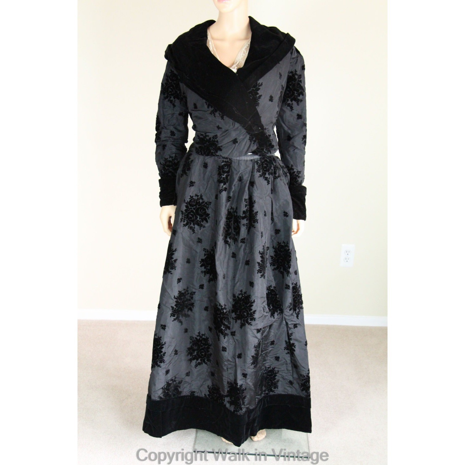 Antique Edwardian Silk Taffeta Dress, Velour Applique, Farquharson & Wheelock