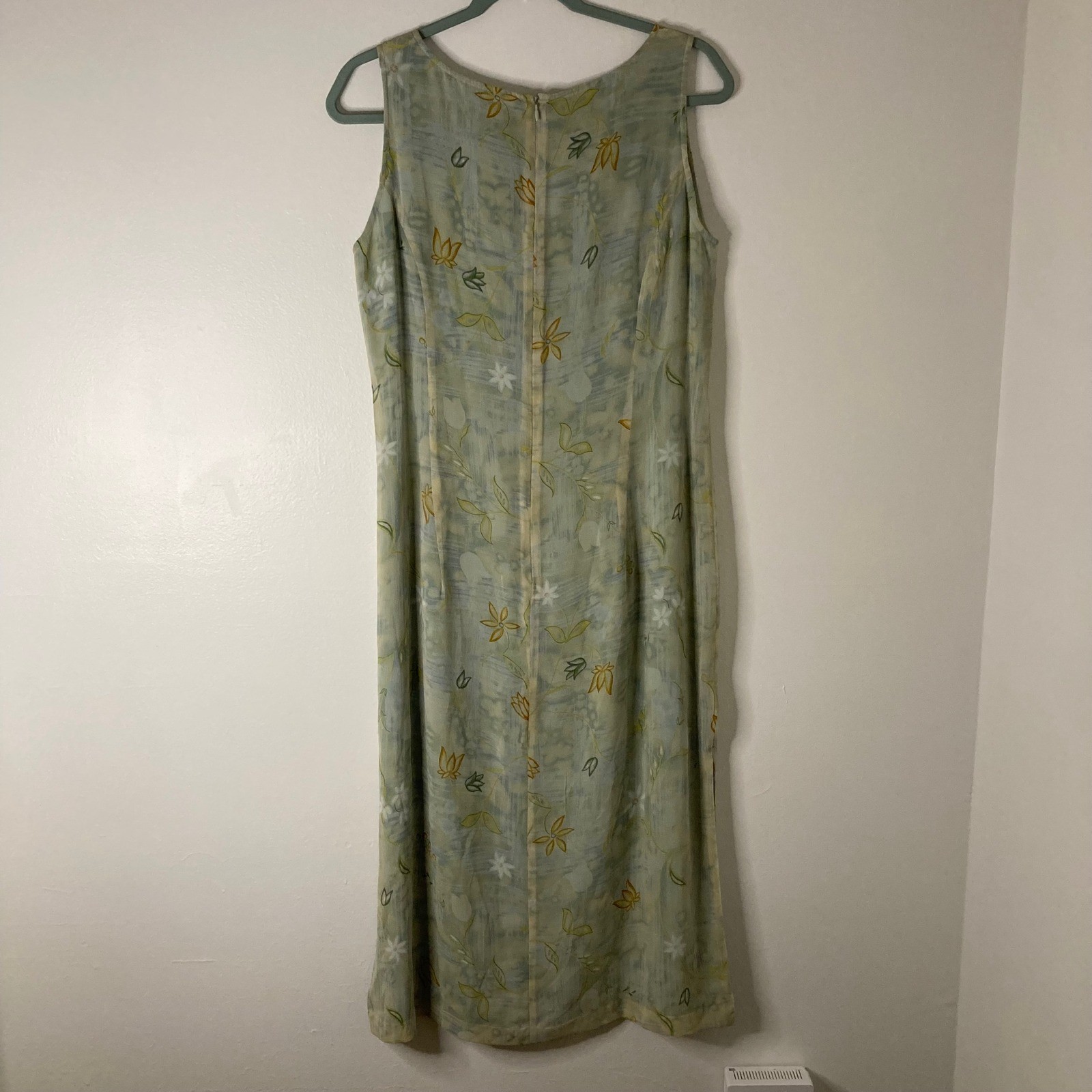 Ballinger Gold Vintage 100% Silk Embroidered Floral Midi Sheath Dress L