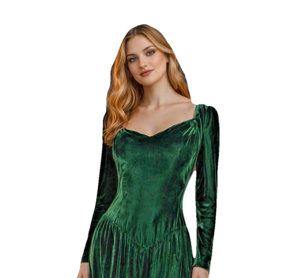 Vtg Velvet Maxi Dress XS Green Puff Sleeves Renaissance Cosplay Halloween Goth
