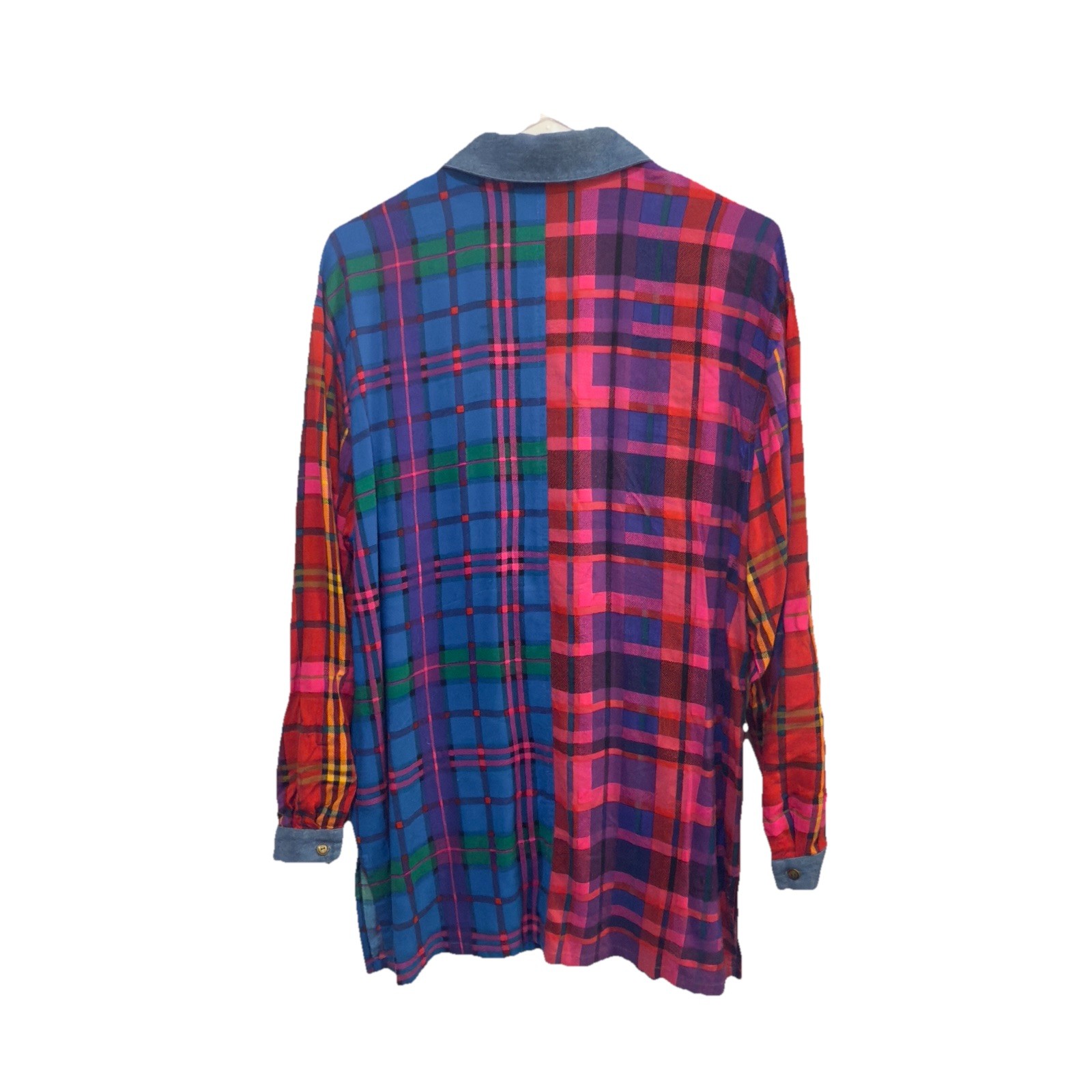 Carole Little Patchwork Shirt Plaid Chambray Button Up Tunic Small 6 Cottage Top