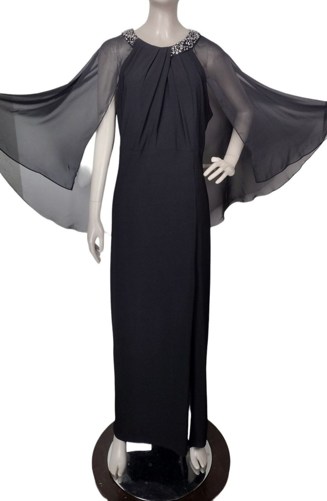 Vintage Scarlett Black Beaded Elegant Flowy Sheer Capelet Slit Formal Maxi Dress