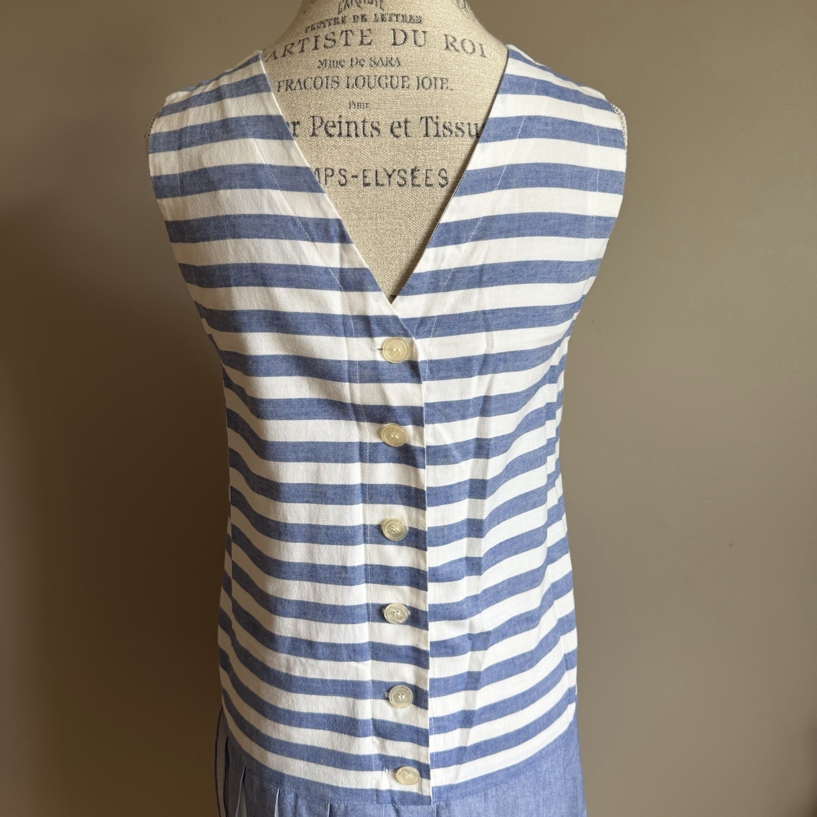 Vintage Blue Stripe Chambray Drop Waist Dress Small Retro Flapper Coastal Preppy
