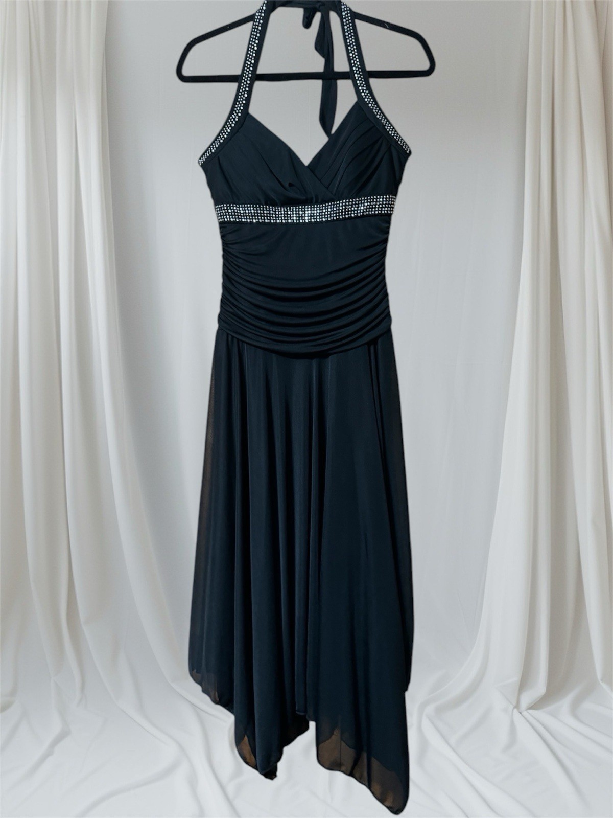 VTG 90&rsquo;s Y2K BLACK Whimsigoth Pointy Hem Halter Fairy Dress XS/S TRIXXI B-34”
