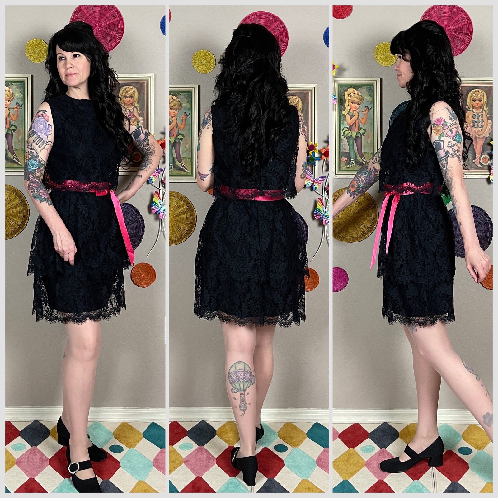 Vintage 1970s Black Sleeveless Tiered Lace Mini Dress | 26&Prime; Waist